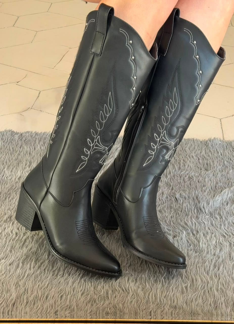 Bota vaquera alta bordado aguila lisa - Negro